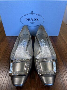Prada Silver Metallic Patent Leather Ballet Flats – Crystal Buckle Size 37